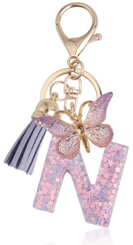 Annlpoy porte clef lettre femme avec initiale et pendentif papillon pour adolescentes, Porte-clés lettre en violet avec gland, pour cadeaux et accessoires porte clé personnalisé porte clef stitch