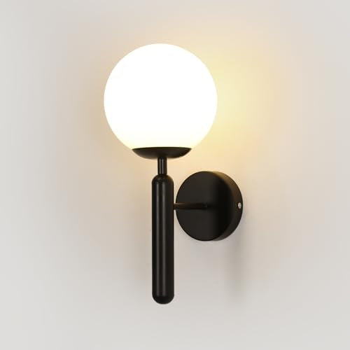 Comely Wandlampe Innen Schwarz, Nordic Modern Wandleuchte LED Industrial Design, Milchglas Globus Wandleuchte E27 für Schlafzimmer, Wohnzimmer, Flur, Treppenhaus