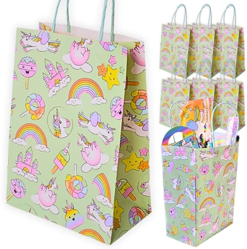 TE-Trend 12 Stück Einhorn Tüten Kindergeburtstag Geschenktüten Papiertüten mit 12 Stickern ideal für Mädchen Mitgebsel oder Mitbringsel