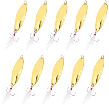 PATIKIL Fishing Spoons, 10 Pcs 4/5 oz Fishing Lures Casting Spoon Treble Hooks Jigs Hard Metal Spinner Baits for Freshwater Saltwater Salmon, Gold Tone