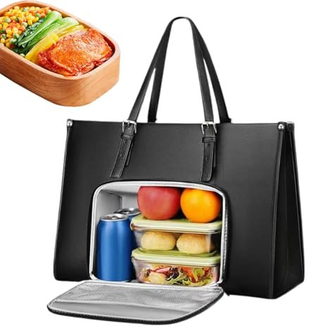 Borsa Porta Pc Con Porta Pranzo, Borsa Termica Porta Pranzo Isoterma Per Alimenti, Impermeabile Borse Tote Per Università, Ufficio, Shopper, Termica Porta Pranzo, Nero, 16.69 Pollici In Pelle PU