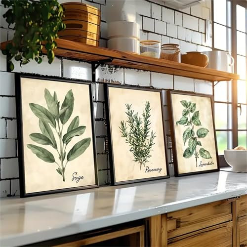 3er Watercolor Herb Wall Art Poster Set - Vintage Farmhouse Style Leaf Poster Für Schlafzimmer, Küche & Home Office Decor (50x70cm)