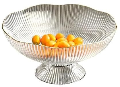 GEN:ZAI Elegant Fruit Bowl – Green & Clear Ribbed Serving Bowl with Gold Rim – Stylish Decorative Centrepiece for Dining Table, Kitchen, and Home Décor (Clear)