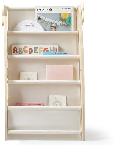 WOODEN TEETHER Kinderregal,5 Regale Kinder Bücherregal aus Holz und Oxford-Stoff - Montessori Kinderregal für Kinderzimmer (Weiß-Stil B)