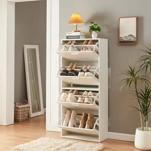 [en.casa] Schuhschrank Sykkylven Schuhkipper mit 4 Klappen Schuhkommode für 16 Paar Schuhe 134 x 60 x 24 cm Weiß
