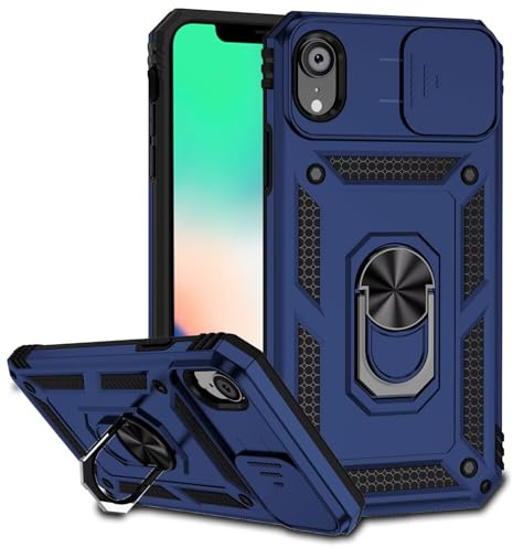 Coque pour iPhone XR, Housse Etui de Protection coulissante pour Appareil Photo, Support annulaire à 360 degrés, étui antichute pour iPhone XR(Bleu)