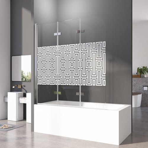 Duschwand für Badewanne 140 x 140 cm 3-teilig Faltbar Weißem Muster Duschtrennwand Trennwand Silber Badewannenaufsatz mit Eleganten Muster,6mm ESG Glas Nano Beschichtung Badewannenwand