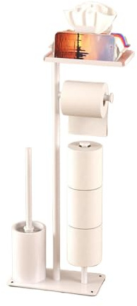 Toilet Brushes & Holders,Free Standing Toilet Roll Holder with Brush and Wipes or Phone Shelf for Wet Wipes,Bathroom Accessories Tissue Holders,Loo Roll Holder Free Standing Holds 4 Rolls (White)