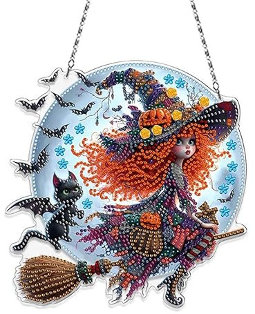 Halloween Diamond Painting Hexe Diamond Painting Halloween deko Herbst Diamant Malerei Fensterbilder Beidseitige Diamantmalerei Bilder Anhänger Kits Fensterdeko Hängend für Fenster Wand Decor (C)