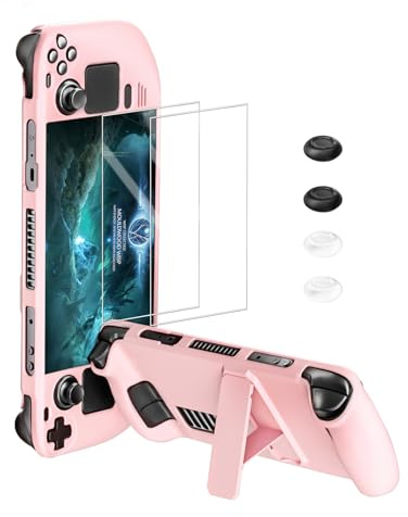 bibuks Steam Deck Case,Steam Deck OLED Protective Case,Non-Slip Skin Protective Shell Accessories with Kickstand ,2 Screen Protector, 4 Thumb Grip (Pink)
