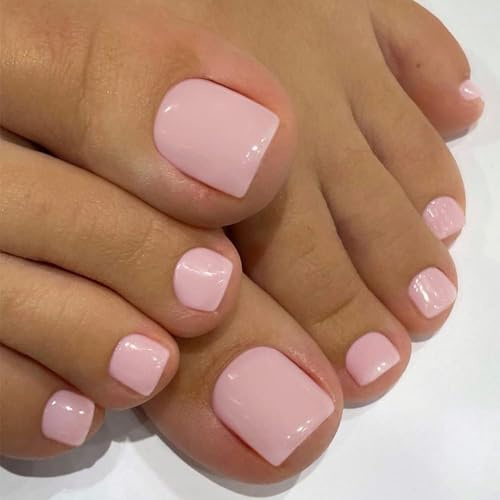 Light Pink Square Press on Toenails – 24Pcs Short Glossy Gel Fake Toe Nails with Jelly Adhesive Tabs, Solid Color Acrylic Toe Press Ons for Women, Summer Beach Ready False Toenails, Natural Fit