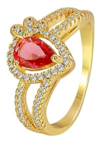 KnSam 750 Gold Hochzeitsring, Tropfen Verlobungsring mit Labor Erstellt Rubin (Rundschliff Rot), Bandringe 18K Gelbgold Echtes, Gr.49 (15.6)