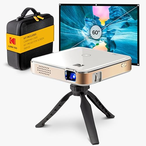 KODAK Luma 150 Complete Kit – Wireless Mini Pocket DLP Projector with Case, Tripod, 60” Screen, Rechargeable Battery, Built-in Speaker, HDMI, USB, MicroSD – Portable & Screen Mirorring (White)