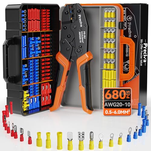 Preciva Insulated Terminal Crimping Tool with 27Type-680PCS Wire Connector | 0.5-6mm² Ratchet Crimps Plier with 27 Type-680PCS Wire Crimp Connectors,Insulated Crimping Tools with Organizer Box