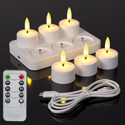 WinsTime Flammenlose Teelichter mit Ladestation, LED-Teelichter mit Fernbedienung Timer für Hochzeiten, Weihnachten, Halloween, Jubiläen, Wohnkultur, 6er-Pack