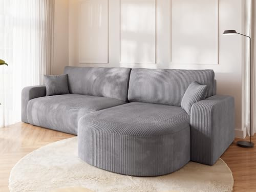 BROMARKT Ecksofa mit Schlaffunktion und Bettkasten Cordstoff Sofa Dreisitzer Schlafsofa Eckcouch Relaxsofa für Wohnzimmer Wohnlandschaft L-Form Bisk 275x170x85cm Hellgrau