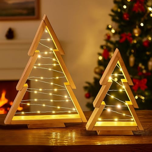 Weihnachtsdeko LED Weihnachtsbaum mit Beleuchtung, 2 Stück Weihnachtsbeleuchtung Holz Weihnachtsbaum Beleuchtet mit LED Lichterkette, Weihnachtsdeko Innen Tischdeko für Weihnachten Deko (A)