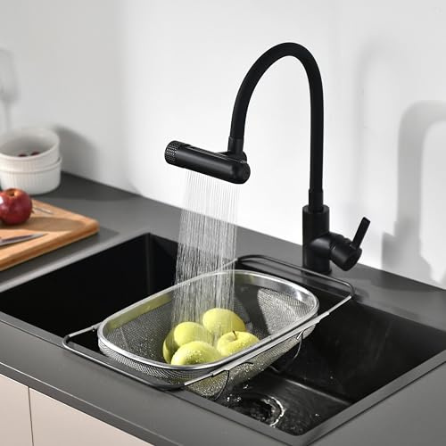 SJQKA Rubinetto Cucina Flessibile con 6 Tipi di Getto d'Acqua, Materiale in Ottone e Acciaio Inox 304, Colore Nero, Installazione Monoforo