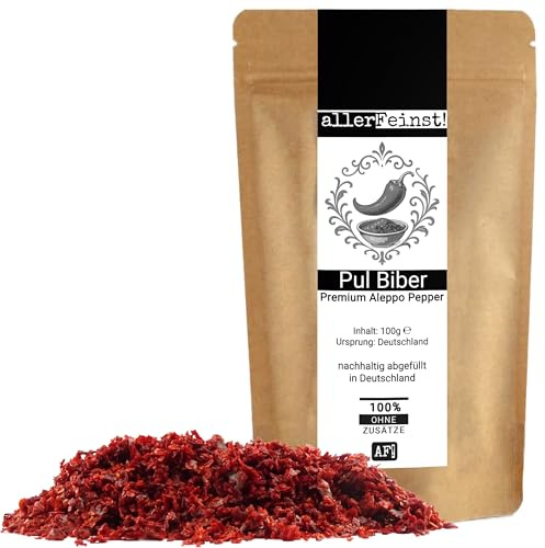 allerFeinst! - Pul Biber Premium Aleppo Pepper - Hochwertige Gewürz-Chili‐Flocken mit Rapsöl & Meersalz | Gewürzzubereitung | Für Fleisch, Gemüse, Dips & Grillgerichte | 1er Pack (1 x 100g)