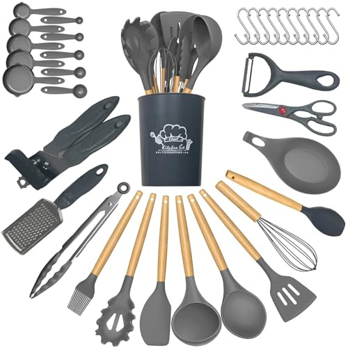 Kitchen Utensils Set, 35Pcs Silicone Cooking Utensils with Holder | BPA Free Dishwasher Safe, Ladles, Spoons and Spatulas, Measuring Cups, Peeler, Grater, Scissor
