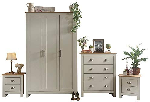 Online4discounts Country Cottage Pine MDF Bedroom Set - 3 Door Wardrobe Chest of Drawers 2 Bedside - Cream