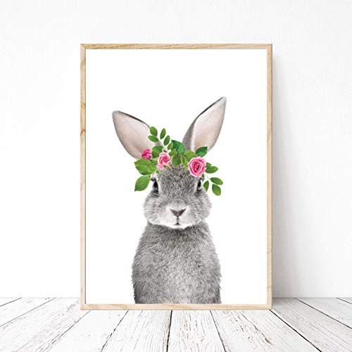 Din A4 Kunstdruck ohne Rahmen - Hase Häschen Kaninchen mit Blumenkranz Fotokunst rosa pink Geschenk Druck Poster Bild