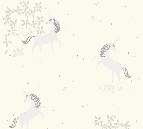 A.S. Création Vliestapete mit Glitter Boys & Girls 6 Tapete mit Einhörnern Unicorns 10,05 m x 0,53 m grau lila weiß Made in Germany 369892 36989-2