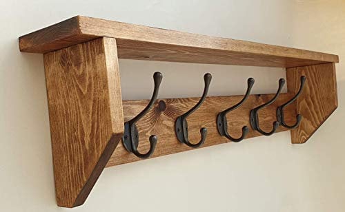 Coat rack with shelf Cast Iron Hooks Wall Mounted Rustic Vintage Wooden Farmhouse Style Traditional Hallway Storage Idea Spring Clean Christmas gift