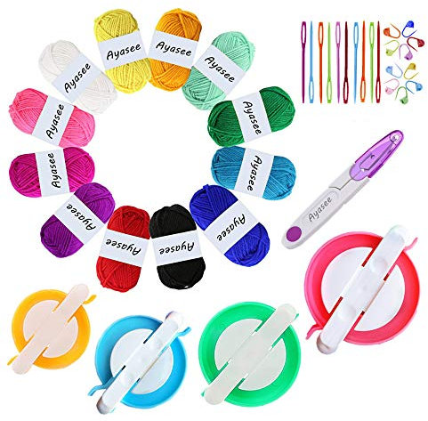 Pompom Maker Kit, Strickmaschine Fluff Ball Weaver Needle Craft DIY Strickhäkelwerkzeug Kit, 4PS Pompom Maker + 10PS Strickstichmarkierungen + 10PS Plastiknadeln + 12PS Acrylgarn + 1PS Schere (37b)