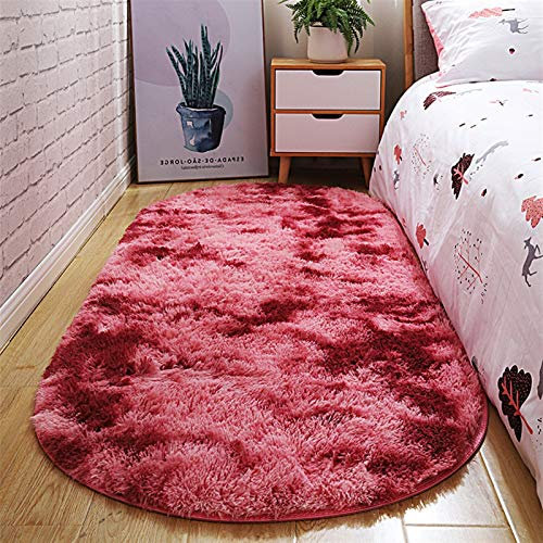 Icegrey Shaggy Teppich Hochflor Langflor Oval Tie-Dye Teppiche Farbecht Pflegeleicht für Wohnzimmer Esszimmer Kinderzimmer Schlafzimmer Bettvorleger, Tie-Dye Dunkelrot, 50x160cm