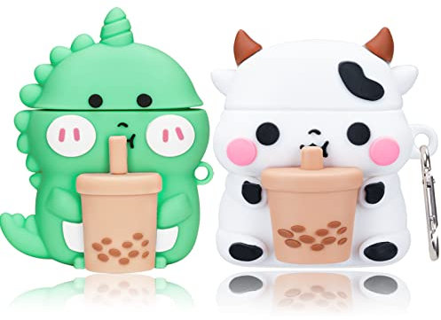 2 Stück für Airpods 2/1 Hülle, 3D Cute Funny Cartoon Boba Tea Cows & Boba Tea Dinosaurier Food Form Apple Airpod Hülle