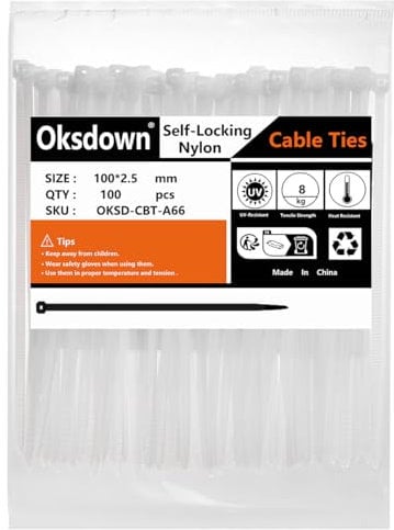 Oksdown Collier de Serrage en Nylon 100 mm × 2,5 mm Attache Câble Plastique Rilsan Serre Câbles Petit Format, Blanc, Lot de 100 Pièces