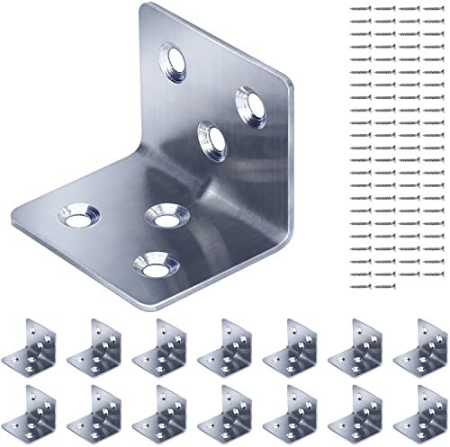 Gorffy Angle L Brackets 15 Pcs, 30 x 30 x 38 x 1.2 mm Heavy Duty Right Angle Corner Stainless Steel Sleeper Brackets with 90 Screws, Metal Corner Braces for Fixing Timber