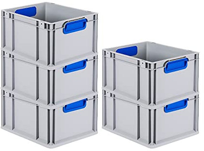 PROREGAL SuperSparSet 5x Eurobox NextGen Color | HxBxT 22x30x40cm | 20 Liter | Griffe blau geschlossen | Glatter Boden | Eurobehälter, Transportbox, Transportbehälter, Stapelbehälter
