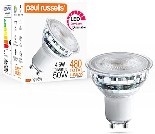 paul russells LED GU10 – Dimmable Fittings Spot Lightbulbs, 4.5W 345 Lumens LED Bulbs, 50w Equivalent, 6500K Daylight, Dimmer Energy Saving 38° Ceiling Spotlights, Pack of 1