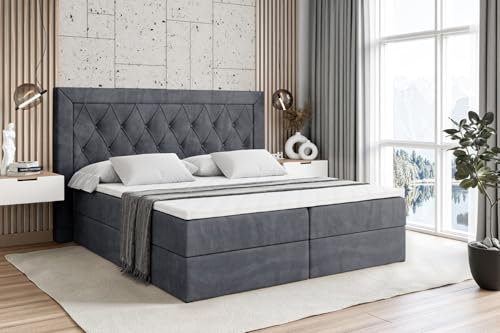 ALTDECOR Boxspringbett mit Matratze und Lattenrost, Boxbett, Topper, Polsterbett mit Bettkasten, Bett mit Stauraum H3-Matratze, Doppelbett, Springboxbett - Noel - 200x200 - Dunkelgrau Samt