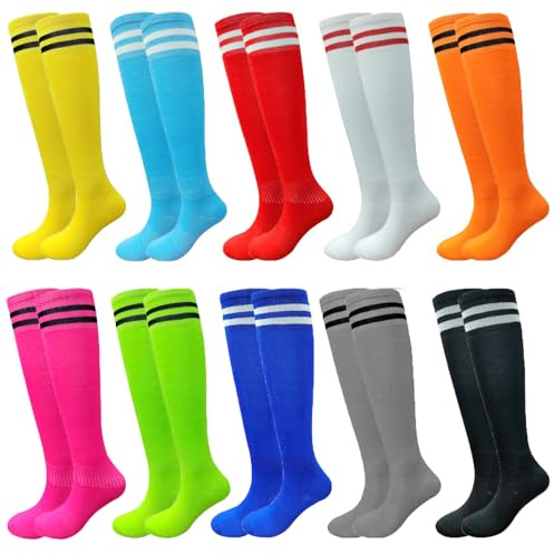 Tergy 10 Pairs Kids Soccer Socks Stretchy Knee High Tube Colorful Football Athletic Team Socks for Boys Girls (9-12 Years Old)