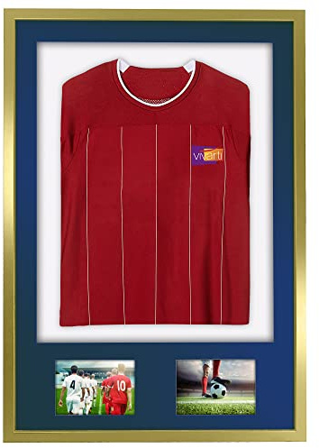 Vivarti DIY 3D Mounted + Double Aperture Sports Shirt Display Gold Frame with Colour Mounts (Adult, 61 x 91.5cm - Gold Frame, Blue Mount, White Backing Card)