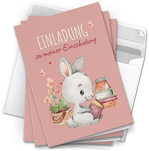 10 Einladungskarten Einschulung mit Umschlag Erste Klasse 1. Schultag Schule Klappkarten Design Rosa Mädchen Hase