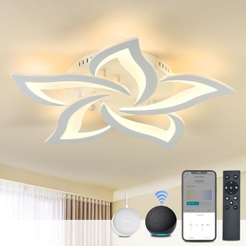 BAYHT Smart LED Deckenleuchte Dimmbar, Kompatibel mit Alexa Google Home, Blumen Deckenlampe für Wohnzimmer Schlafzimmer, Moderne Lampe Decke Beleuchtung, Großer Kronleuchter 5 Heads/Ø63cm/45W