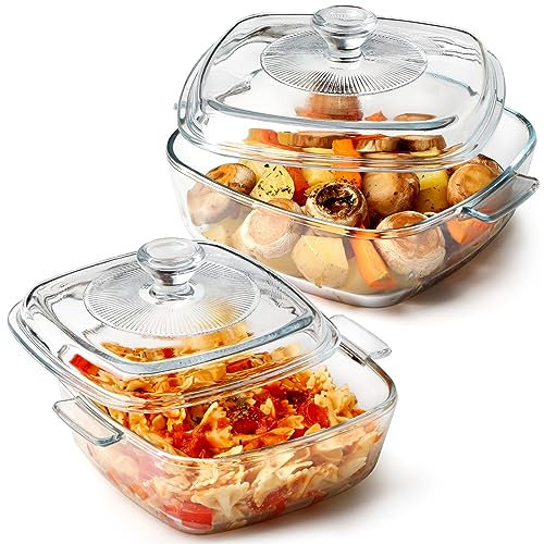 NUTRIUPS Cacerola de cristal con tapa, fuente de horno de cristal, apta para horno, cazuela de vidrio (cuadrado-0.8L+cuadrado-1.2L)