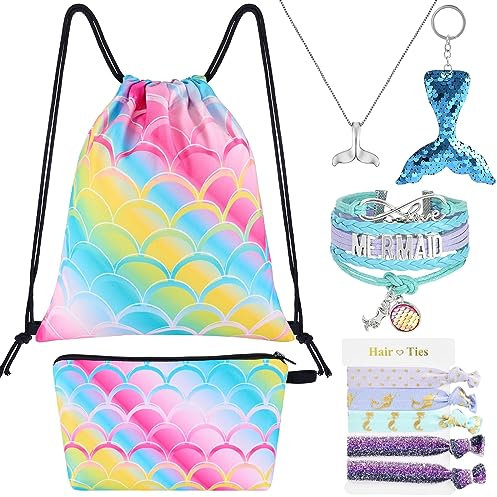 10 PCS Meerjungfrau Turnbeutel mit Kordelzug Set - Meerjungfrau Kordelzug Tasche für Mädchen Kordelzug Tasche Geschenke Kosmetiktasche Schlüsselanhänger Armband Halskette Haarbänder Kinder Mädchen