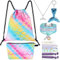 10 PCS Meerjungfrau Turnbeutel mit Kordelzug Set - Meerjungfrau Kordelzug Tasche für Mädchen Kordelzug Tasche Geschenke Kosmetiktasche Schlüsselanhänger Armband Halskette Haarbänder Kinder Mädchen
