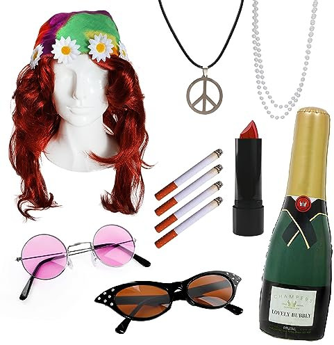 Adults Fabulous Ladies Duo Accessory Set - X2 Glasses, Auburn Wig, X2 Necklace, 2 Fake Cigarettes X2, Head Scarf, Red Lipstick and Inflatable Champagne Bottle - Perfect for Tv Comedy Duo Fancy Dress