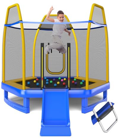 COSTWAY 7ft Kids Trampoline, Hexagonal Trampolines with Slide, Ladder, Safety Enclosure Net and Ocean Balls, Toddler Jumping House for Indoor Outdoor (Blue + Yellow)