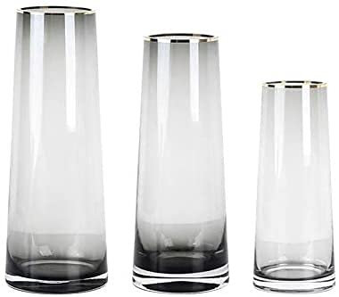 Glasvase, zylindrische Glasvase, 3er-Set, hohe Bodenvase, Wohnzimmer, TV-Schrank, dekorative Vase, getrocknete Blumen, dekorative Glasvase, groß (Farbe: Gelb) (Grau)