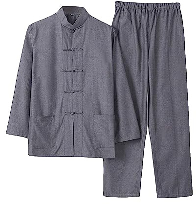 G-LIKE Costume Homme Chinois Arts Martiaux Traditionnels Kung Fu Tai Chi Tangzhuang Classique Manches Longues Chemise Pantalon Uniforme d'Entraînement Ensemble de Survêtement, gris, S