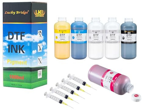 Lucky Bridge DTF Tinte 6x1000ml Premium-Pigment Tinte für PET-Folien Thermotransfer-Nachfülltinte für alle Epson DTF-Drucker mit Druckköpfen wie DX5 DX7 5113 XP600 I3200 usw. -(6000ml) DE