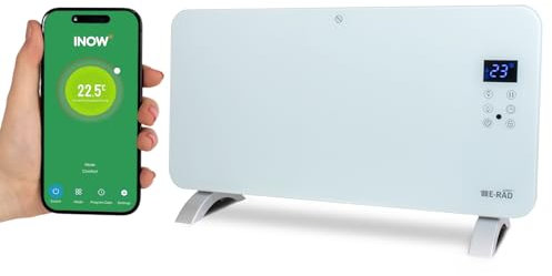 Adept E-RAD Scavo Smart Wi-Fi Glass Panel Heater 1500W | Adjustable Heat Settings with Thermostat, Smartphone App Control Radiator, Wall Mounted Free Standing Low Energy Heaters Timer, White