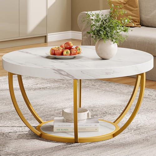 Tribesigns Table basse ronde moderne à 2 niveaux avec faux marbre blanc et pieds en métal doré, table centrale circulaire, meuble d'appoint pour salon, blanc et doré